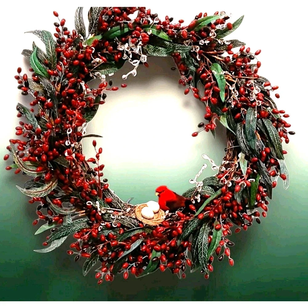 Winter Berries Door Wreath Realistic Red CARDINAL‎ Egg Nest Holiday Ice Crystals